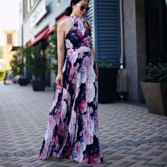 Eliza J | Dresses | Eliza J Floral Chiffon Maxi Dress Pleated Halter Size 2  Euc Wy1173 | Poshmark